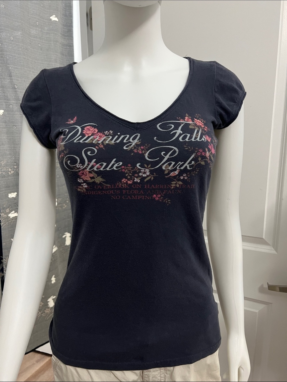 Black Short Sleeve V-Neck Floral Graphic Tee - Dunning Falls State Park